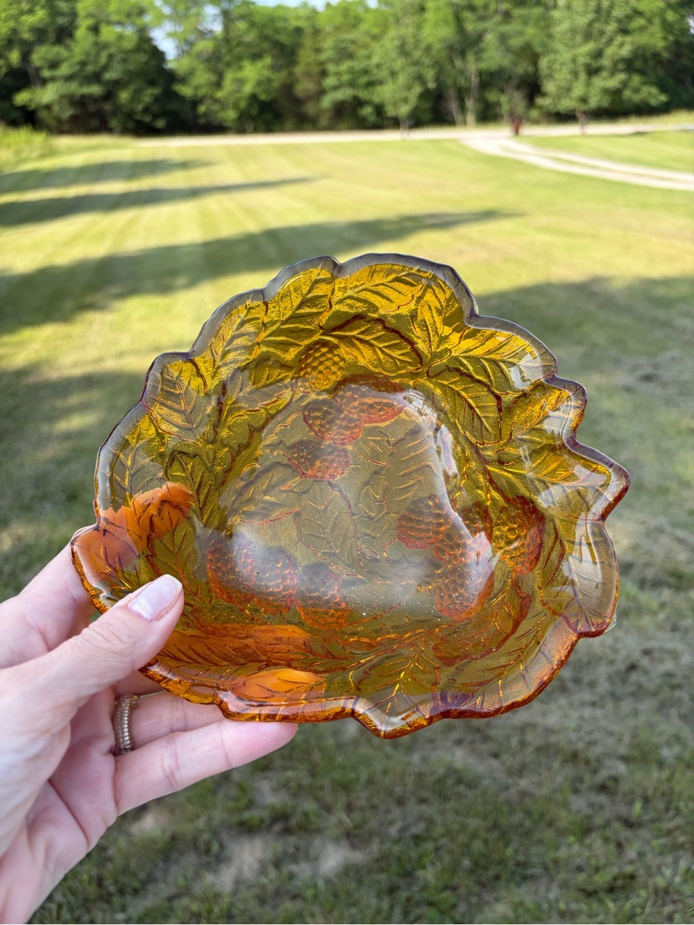 Vintage Marigold Indiana Glass Loganberry Carnival Glass Footed Bowl 7" Flaw